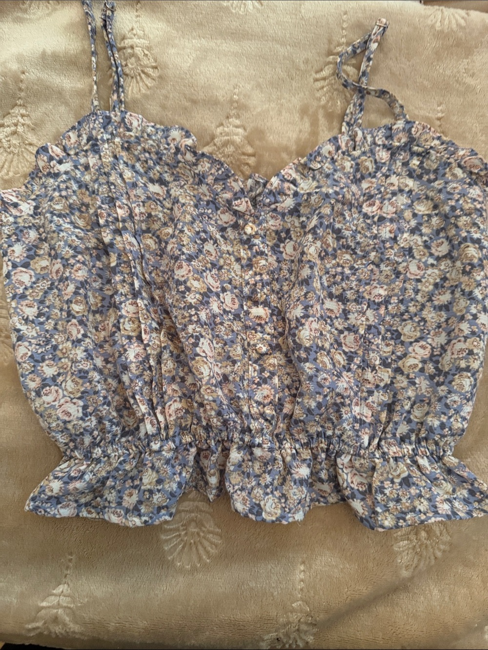 Blue Floral Ruffled Hem Spaghetti-Strap Camisole